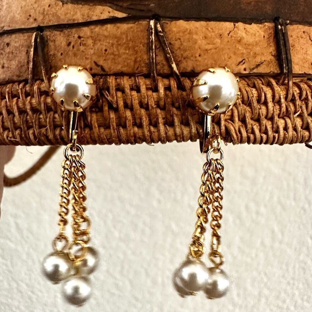 Gold tone faux pearl chain drop clip on earrings